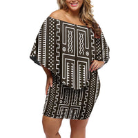 Mali Mud Cloth Off Shoulder Short Dress Bogolanfini Pattern - Wonder Print Shop