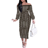 Mali Mud Cloth Off The Shoulder Long Sleeve Dress Bogolanfini Pattern - Wonder Print Shop
