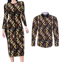 Mali Mud Cloth Legacy Pattern Couples Matching Long Sleeve Bodycon Dress and Long Sleeve Button Shirt Ethnic Geometry Style - Wonder Print Shop