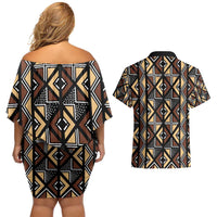 Mali Mud Cloth Legacy Pattern Couples Matching Off Shoulder Short Dress and Hawaiian Shirt Ethnic Geometry Style - Wonder Print Shop