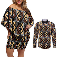 Mali Mud Cloth Legacy Pattern Couples Matching Off Shoulder Short Dress and Long Sleeve Button Shirt Ethnic Geometry Style - Wonder Print Shop