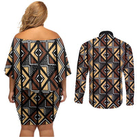 Mali Mud Cloth Legacy Pattern Couples Matching Off Shoulder Short Dress and Long Sleeve Button Shirt Ethnic Geometry Style - Wonder Print Shop