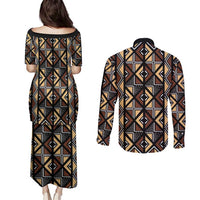 Mali Mud Cloth Legacy Pattern Couples Matching Puletasi and Long Sleeve Button Shirt Ethnic Geometry Style - Wonder Print Shop