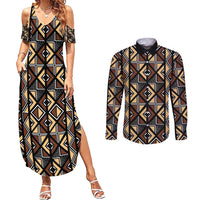 Mali Mud Cloth Legacy Pattern Couples Matching Summer Maxi Dress and Long Sleeve Button Shirt Ethnic Geometry Style - Wonder Print Shop