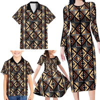 Mali Mud Cloth Legacy Pattern Family Matching Long Sleeve Bodycon Dress and Hawaiian Shirt Ethnic Geometry Style - Wonder Print Shop