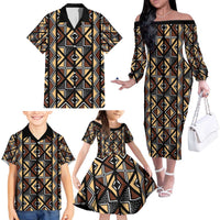 Mali Mud Cloth Legacy Pattern Family Matching Off The Shoulder Long Sleeve Dress and Hawaiian Shirt Ethnic Geometry Style - Wonder Print Shop