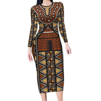 Mali Mud Cloth African Village Long Sleeve Bodycon Dress Ethnic Geometry Style - Wonder Print Shop