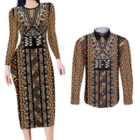 Mali Mud Cloth Leopards Legacy Couples Matching Long Sleeve Bodycon Dress and Long Sleeve Button Shirt Tribal Village - Wonder Print Shop