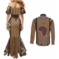 Mali Mud Cloth Leopards Legacy Couples Matching Mermaid Dress and Long Sleeve Button Shirt Tribal Village - Wonder Print Shop