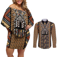 Mali Mud Cloth Leopards Legacy Couples Matching Off Shoulder Short Dress and Long Sleeve Button Shirt Tribal Village - Wonder Print Shop