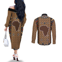 Mali Mud Cloth Leopards Legacy Couples Matching Off The Shoulder Long Sleeve Dress and Long Sleeve Button Shirt Tribal Village - Wonder Print Shop