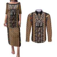 Mali Mud Cloth Leopards Legacy Couples Matching Puletasi and Long Sleeve Button Shirt Tribal Village - Wonder Print Shop