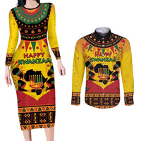 Kwanzaa Holiday Couples Matching Long Sleeve Bodycon Dress and Long Sleeve Button Shirt African Pattern - Wonder Print Shop