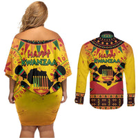 Kwanzaa Holiday Couples Matching Off Shoulder Short Dress and Long Sleeve Button Shirt African Pattern - Wonder Print Shop