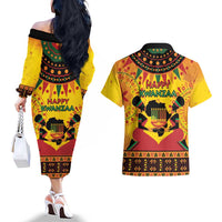 Kwanzaa Holiday Couples Matching Off The Shoulder Long Sleeve Dress and Hawaiian Shirt African Pattern - Wonder Print Shop