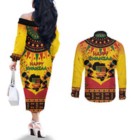 Kwanzaa Holiday Couples Matching Off The Shoulder Long Sleeve Dress and Long Sleeve Button Shirt African Pattern