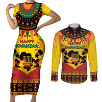 Kwanzaa Holiday Couples Matching Short Sleeve Bodycon Dress and Long Sleeve Button Shirt African Pattern - Wonder Print Shop