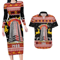 Personalized Nakatomi Plaza Couples Matching Long Sleeve Bodycon Dress and Hawaiian Shirt Christmas Party 1988 - Wonder Print Shop