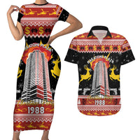 Personalized Nakatomi Plaza Couples Matching Short Sleeve Bodycon Dress and Hawaiian Shirt Christmas Party 1988 - Wonder Print Shop