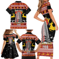 Personalized Nakatomi Plaza Family Matching Short Sleeve Bodycon Dress and Hawaiian Shirt Christmas Party 1988 - Wonder Print Shop