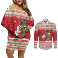 Funny Six Seven Meme Christmas Couples Matching Off Shoulder Short Dress and Long Sleeve Button Shirt Merry 67 Mas - Wonder Print Shop