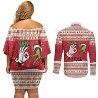 Funny Six Seven Meme Christmas Couples Matching Off Shoulder Short Dress and Long Sleeve Button Shirt Merry 67 Mas - Wonder Print Shop