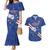 Custom Cape Verde Football Couples Matching Mermaid Dress and Hawaiian Shirt Go Blue Sharks