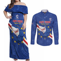 Custom Cape Verde Football Couples Matching Off Shoulder Maxi Dress and Long Sleeve Button Shirt Go Blue Sharks