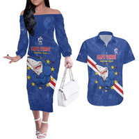 Custom Cape Verde Football Couples Matching Off The Shoulder Long Sleeve Dress and Hawaiian Shirt Go Blue Sharks