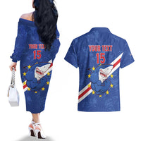 Custom Cape Verde Football Couples Matching Off The Shoulder Long Sleeve Dress and Hawaiian Shirt Go Blue Sharks