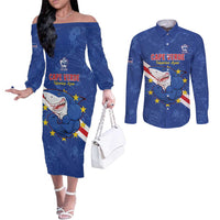 Custom Cape Verde Football Couples Matching Off The Shoulder Long Sleeve Dress and Long Sleeve Button Shirt Go Blue Sharks
