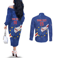 Custom Cape Verde Football Couples Matching Off The Shoulder Long Sleeve Dress and Long Sleeve Button Shirt Go Blue Sharks