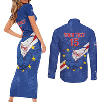 Custom Cape Verde Football Couples Matching Short Sleeve Bodycon Dress and Long Sleeve Button Shirt Go Blue Sharks