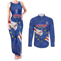 Custom Cape Verde Football Couples Matching Tank Maxi Dress and Long Sleeve Button Shirt Go Blue Sharks