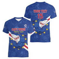 Custom Cape Verde Football Women V-Neck T-Shirt Go Blue Sharks