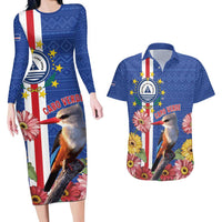 Personalised Cape Verde Couples Matching Long Sleeve Bodycon Dress and Hawaiian Shirt Grey-Headed Kingfisher Mix Gerbera Daisy