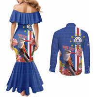 Personalised Cape Verde Couples Matching Mermaid Dress and Long Sleeve Button Shirt Grey-Headed Kingfisher Mix Gerbera Daisy