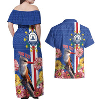 Personalised Cape Verde Couples Matching Off Shoulder Maxi Dress and Hawaiian Shirt Grey-Headed Kingfisher Mix Gerbera Daisy