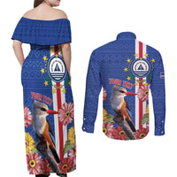 Personalised Cape Verde Couples Matching Off Shoulder Maxi Dress and Long Sleeve Button Shirt Grey-Headed Kingfisher Mix Gerbera Daisy