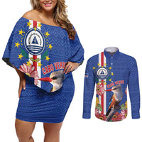 Personalised Cape Verde Couples Matching Off Shoulder Short Dress and Long Sleeve Button Shirt Grey-Headed Kingfisher Mix Gerbera Daisy