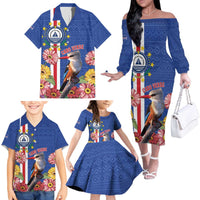 Personalised Cape Verde Family Matching Off The Shoulder Long Sleeve Dress and Hawaiian Shirt Grey-Headed Kingfisher Mix Gerbera Daisy
