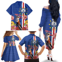 Personalised Cape Verde Family Matching Off The Shoulder Long Sleeve Dress and Hawaiian Shirt Grey-Headed Kingfisher Mix Gerbera Daisy