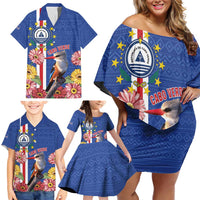 Personalised Cape Verde Family Matching Off Shoulder Short Dress and Hawaiian Shirt Grey-Headed Kingfisher Mix Gerbera Daisy