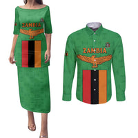 Personalised Zambia Couples Matching Puletasi and Long Sleeve Button Shirt Flag Style Mix Kente Pattern