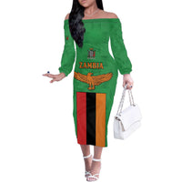 Personalised Zambia Family Matching Off The Shoulder Long Sleeve Dress and Hawaiian Shirt Flag Style Mix Kente Pattern