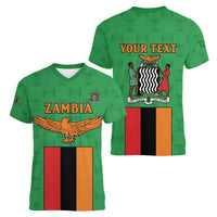 Personalised Zambia Women V-Neck T-Shirt Flag Style Mix Kente Pattern