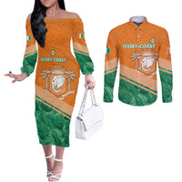 Ivory Coast Rugby Custom Couples Matching Off The Shoulder Long Sleeve Dress and Long Sleeve Button Shirt Allez Les Elephants