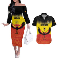 Custom Uganda Football Couples Matching Off The Shoulder Long Sleeve Dress and Hawaiian Shirt Go Cranes Go - Wonder Print Shop