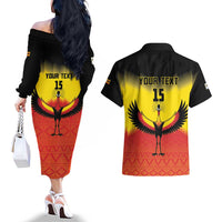 Custom Uganda Football Couples Matching Off The Shoulder Long Sleeve Dress and Hawaiian Shirt Go Cranes Go - Wonder Print Shop