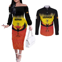 Custom Uganda Football Couples Matching Off The Shoulder Long Sleeve Dress and Long Sleeve Button Shirt Go Cranes Go - Wonder Print Shop